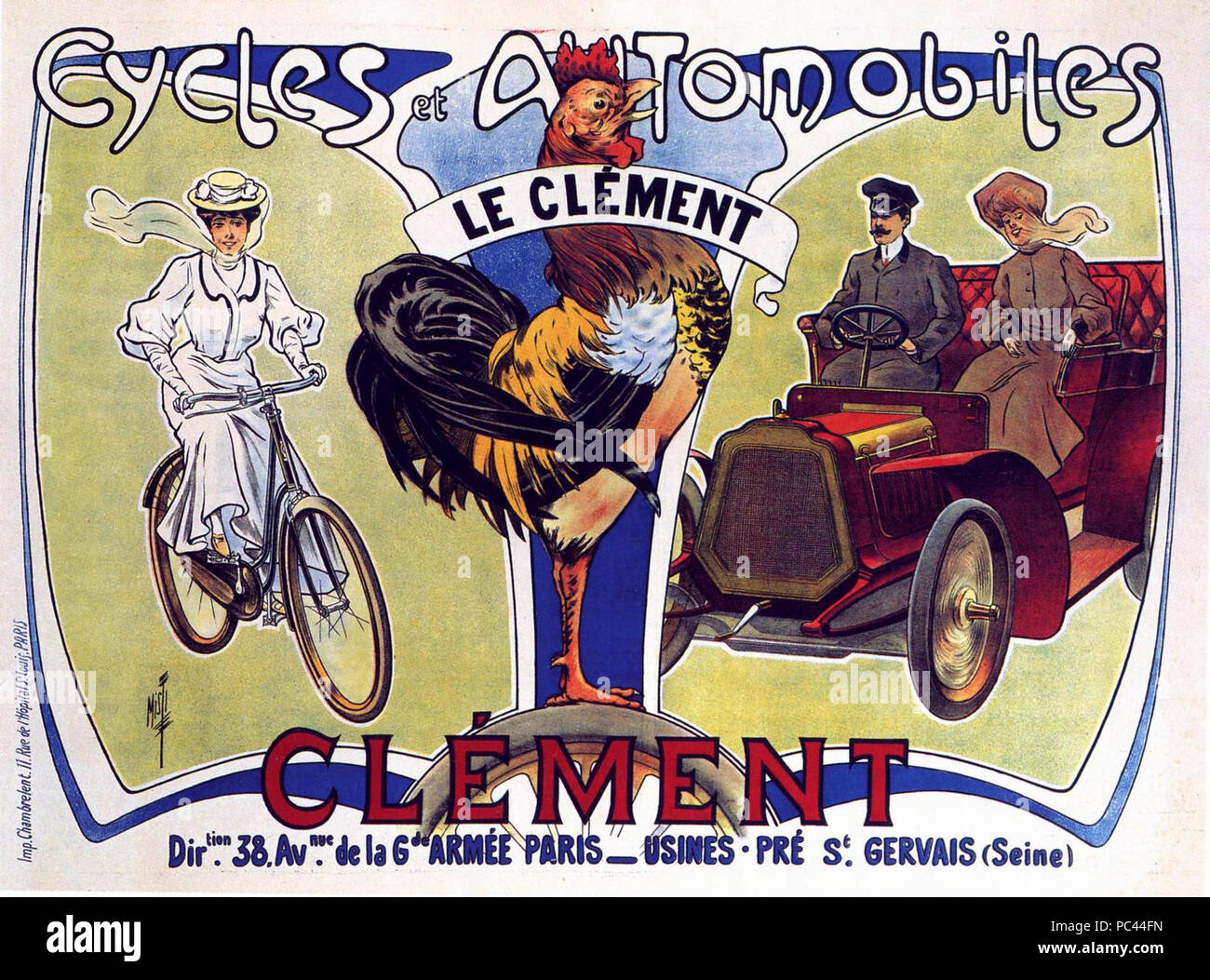 PLAQUE ALU REPRODUISANT UNE AFFICHE LES CYCLES CLEMENT COQ VILLAGE 1910 