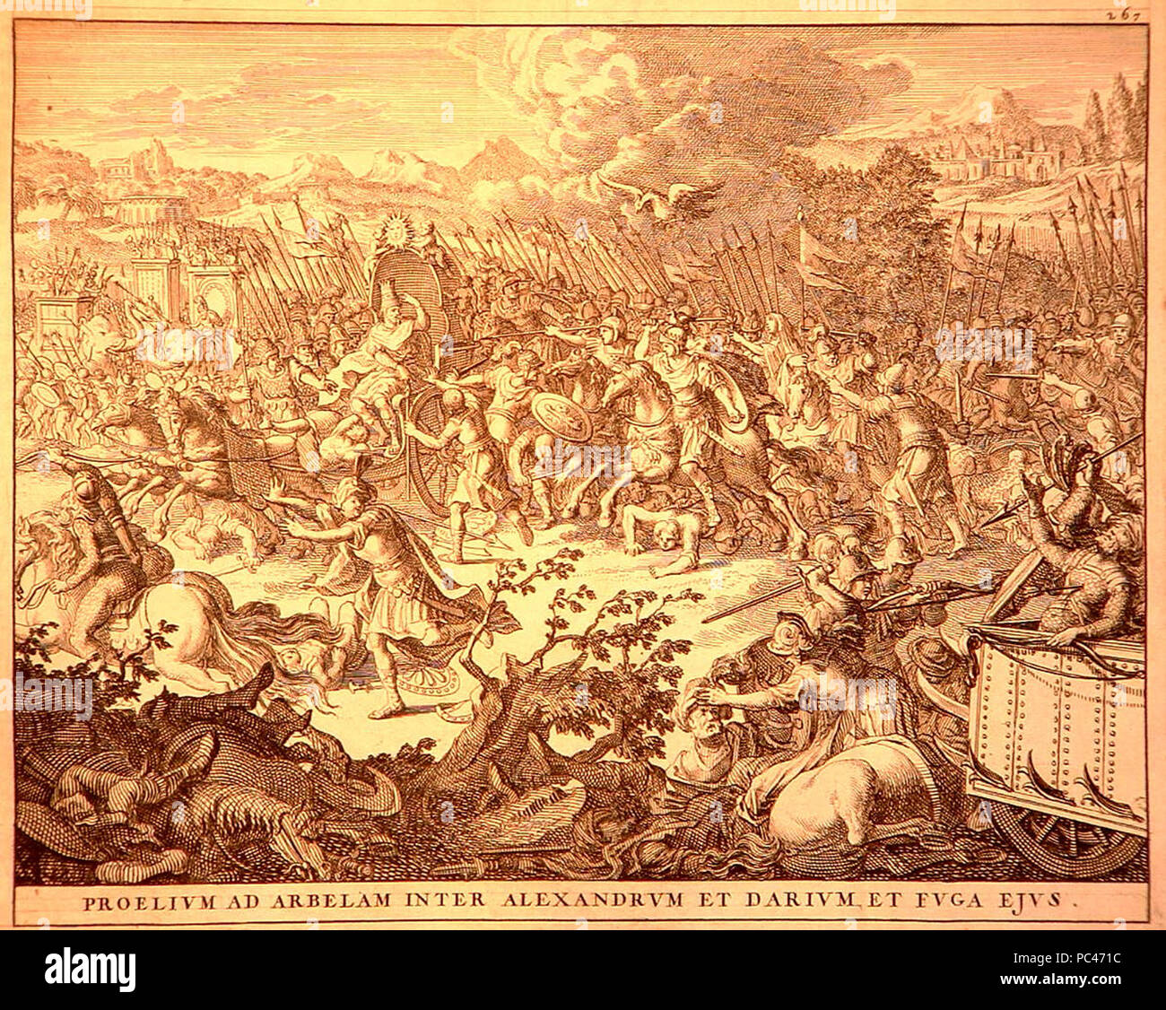 593 The battle at Arbela (Gaugamela) between Alexander and Darius, who is in flight (1696) Stock Photo