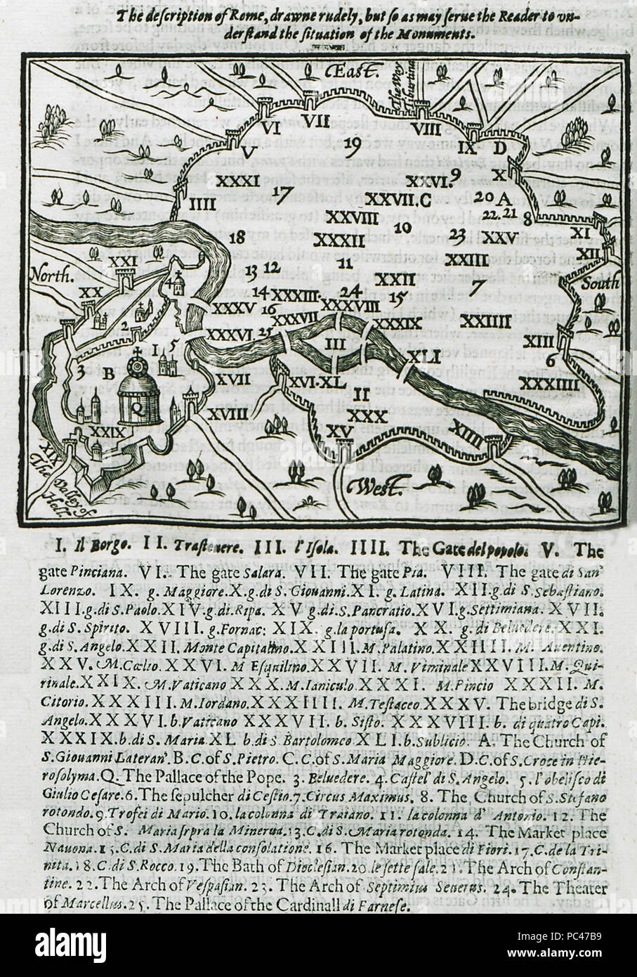 594 The description of Rome, drawne rudely, but so as may serve the reader to understand the situation of the monuments - Moryson Fynes - 1617 Stock Photo