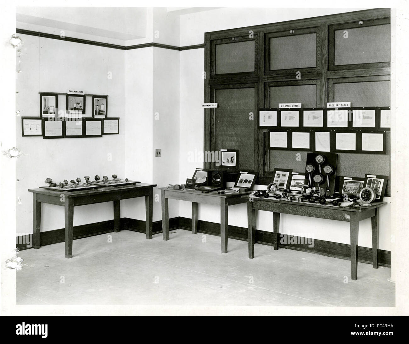 Aeronautic instrument exhibit of thermometers, inclinometers, airspeed meters, and pressure gages at A.P.S., May 1919. Stock Photo