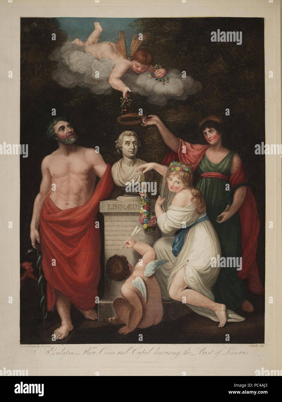 Aesclepius, Flora, Ceres and Cupid honouring the Bust of Linnaeus. Stock Photo