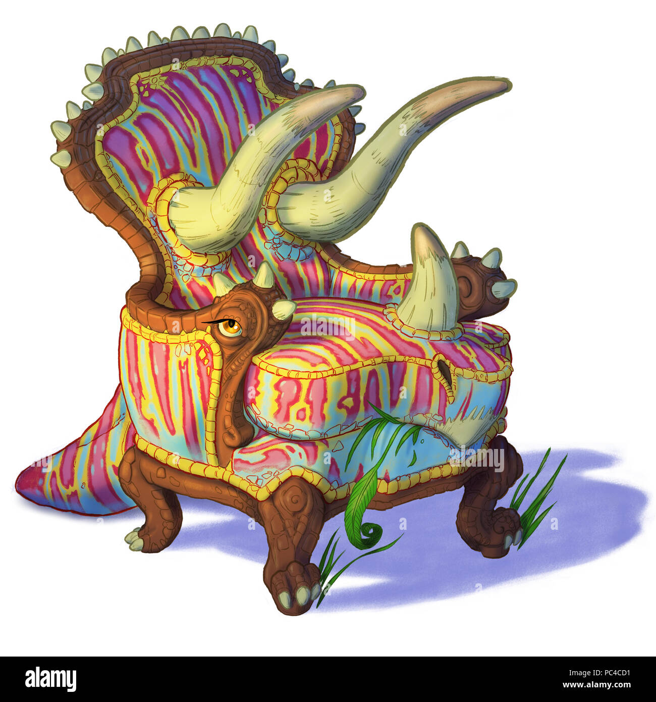 Cartoon clip art illustration of a triceratops dinosaur combined with an easy chair or armchair. Also known as a Trichairatops. Stock Photo