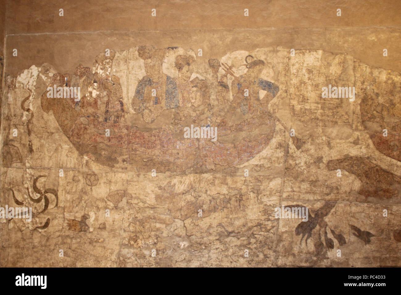 Afrasiab - details from The Ambassadors' Painting 1 - Northern wall.- Chinese boat. Stock Photo