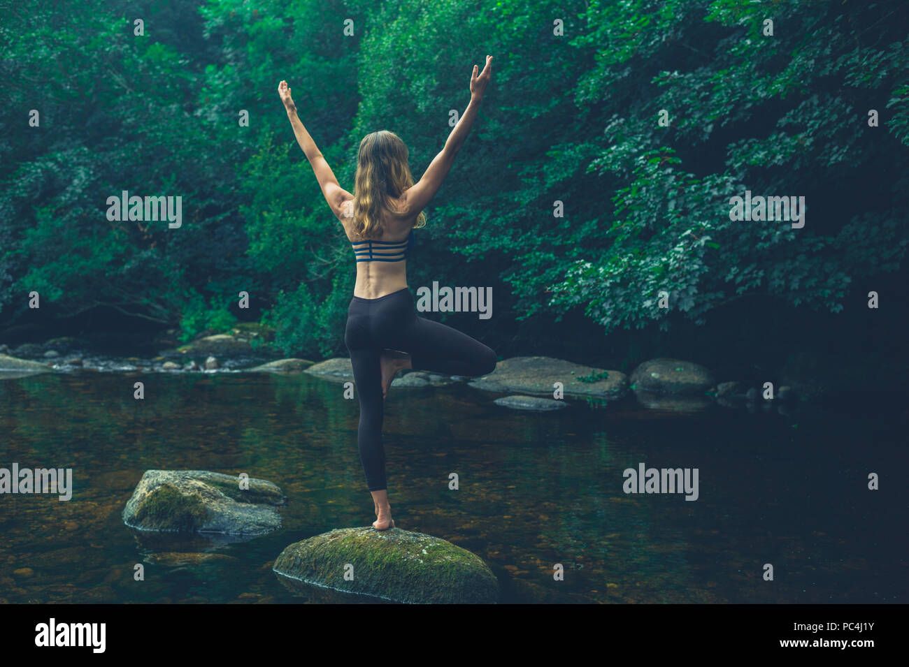 A woman doing yoga is in a tree pose on a rock in the river Stock Photo ...