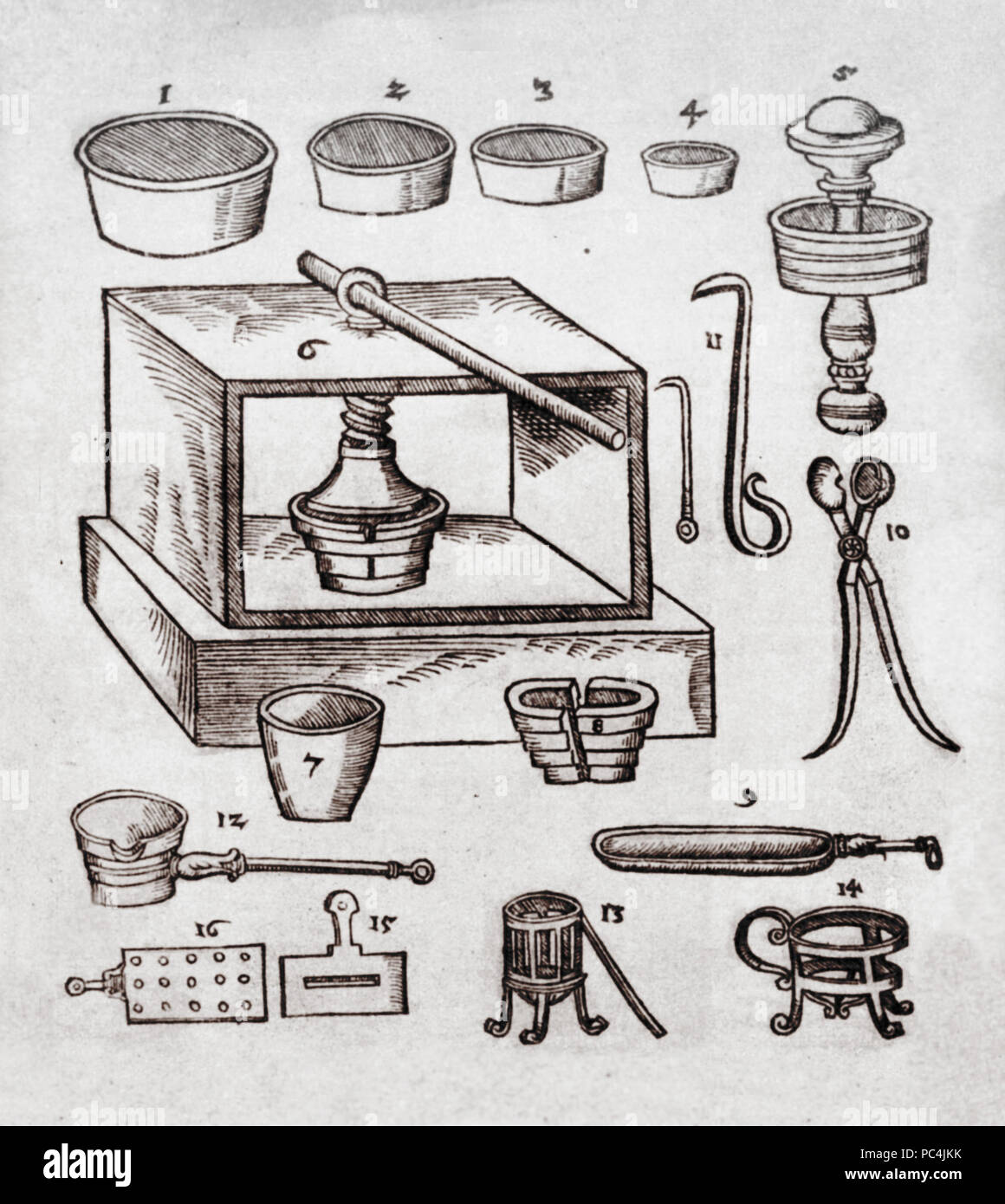611 Tools for assay Andreus Libavius Alchemy 1606 Stock Photo