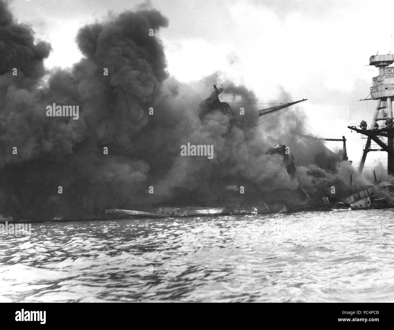 Burning and damaged ships at Pearl Harbor Dec. 7 1941. Stock Photo