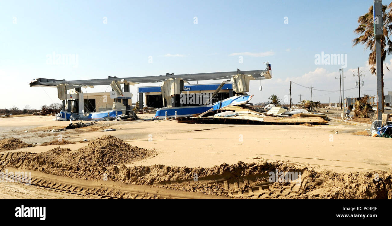 Gas station destroyed during Hurricane Ike Stock Photo