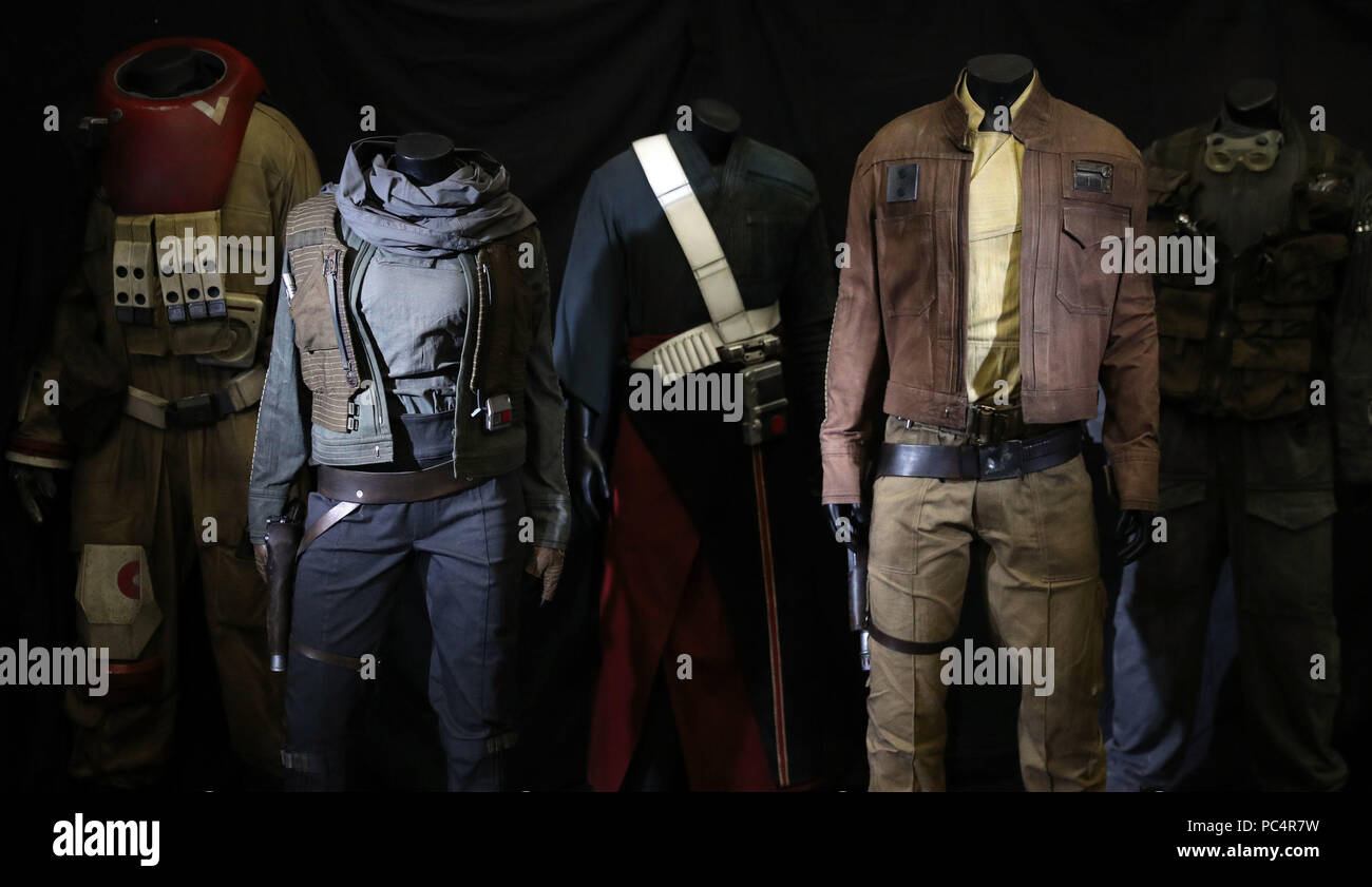Costumes from Rogue One: A Star Wars Story on display in the Prop 