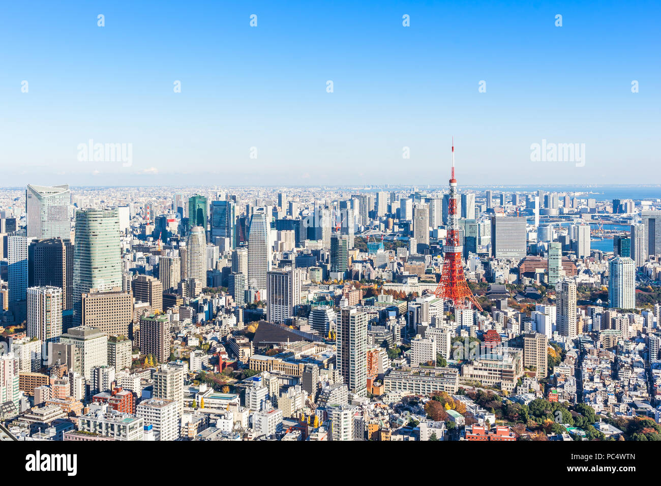 Asia Business concept for real estate and corporate construction - panoramic modern city skyline bird eye aerial view of tokyo tower and odaiba under Stock Photo