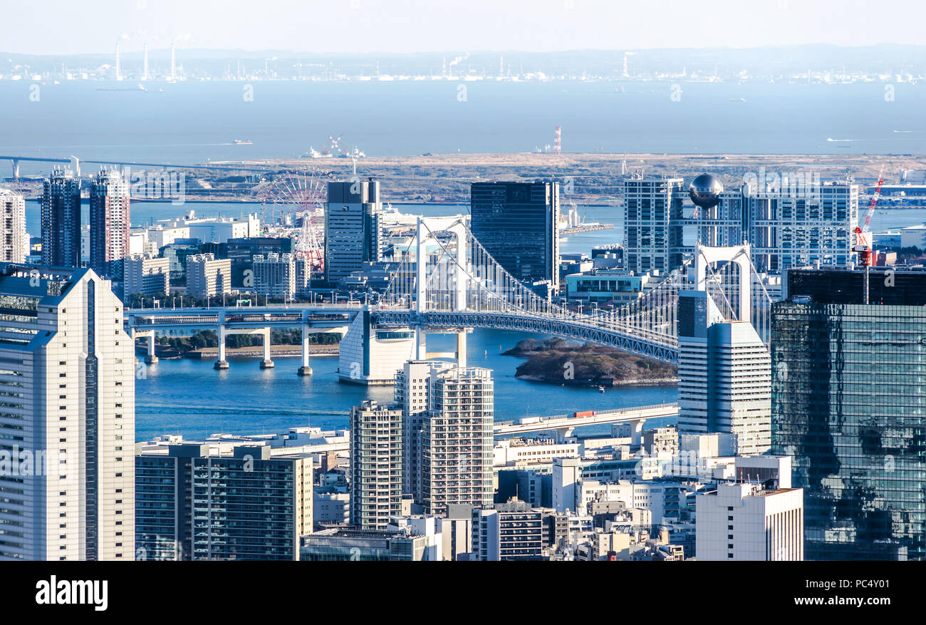 Asia Business concept for real estate and corporate construction - panoramic modern city skyline bird eye aerial view of Odaiba & rainbow bridge in Ro Stock Photo