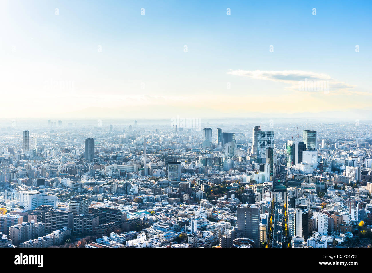 Asia Business concept for real estate and corporate construction - panoramic modern city skyline bird eye aerial view of Shinjuku under blue sky in Ro Stock Photo