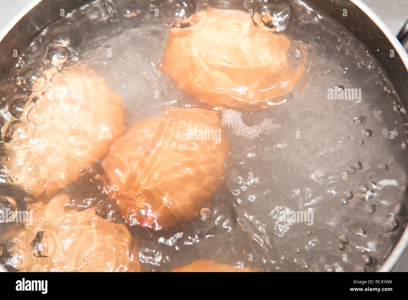 Cooking boiled eggs in a pan of boiling water Stock Photo - Alamy