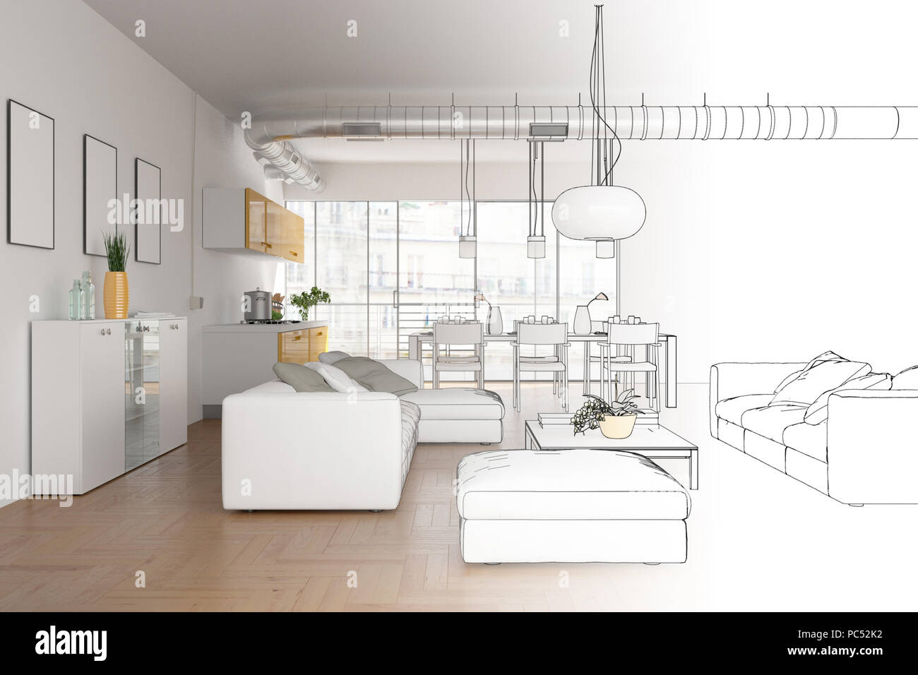 Lofting In Drawing Interior Design Modern Loft Drawing Gradation Into Photograph Stock ...