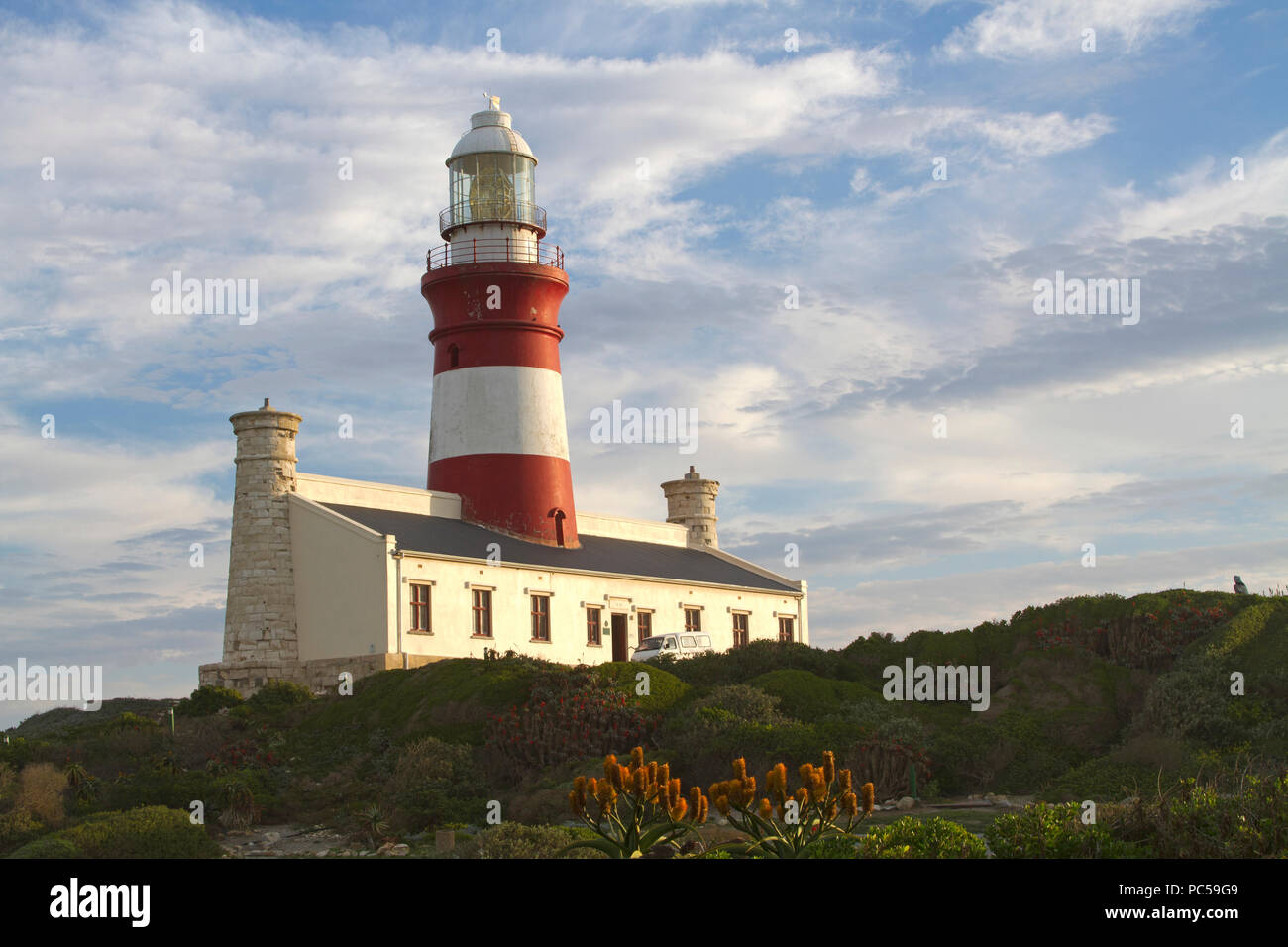 L'Agulhus Lighthouse with flowering aloes Stock Photo
