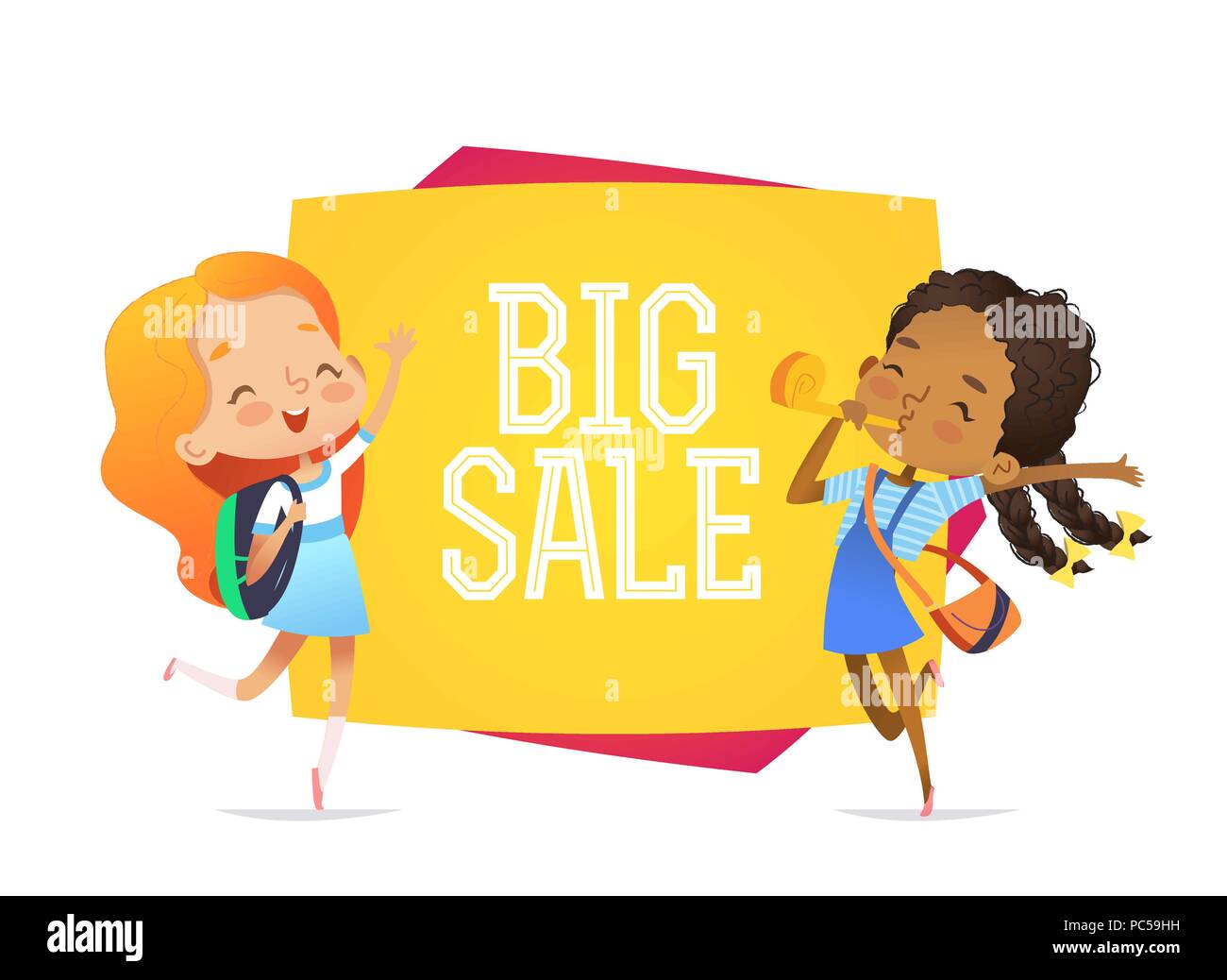 Vector Backgrounds Horizontal Banner With Cartoon Girls Spring Bright Summer Design Two Kids Stay Near Banner Big Sale Vector Illustration Stock Vector Image Art Alamy