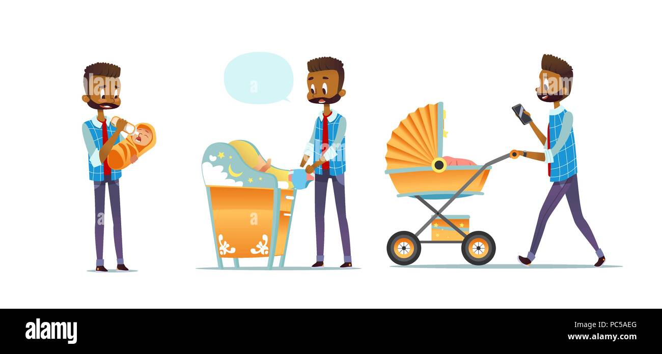 African-American father taking care of child isolated on white background. Set of man feeding baby, changing diaper, carrying stroller. Super dad, modern fatherhood. Flat cartoon vector illustration. Stock Vector