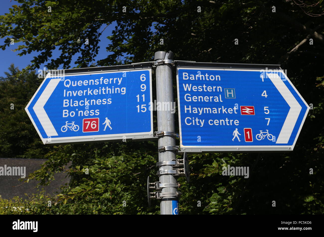 Distance sign on Cycling Route 76 near Edinburgh Scotland  July 2018 Stock Photo