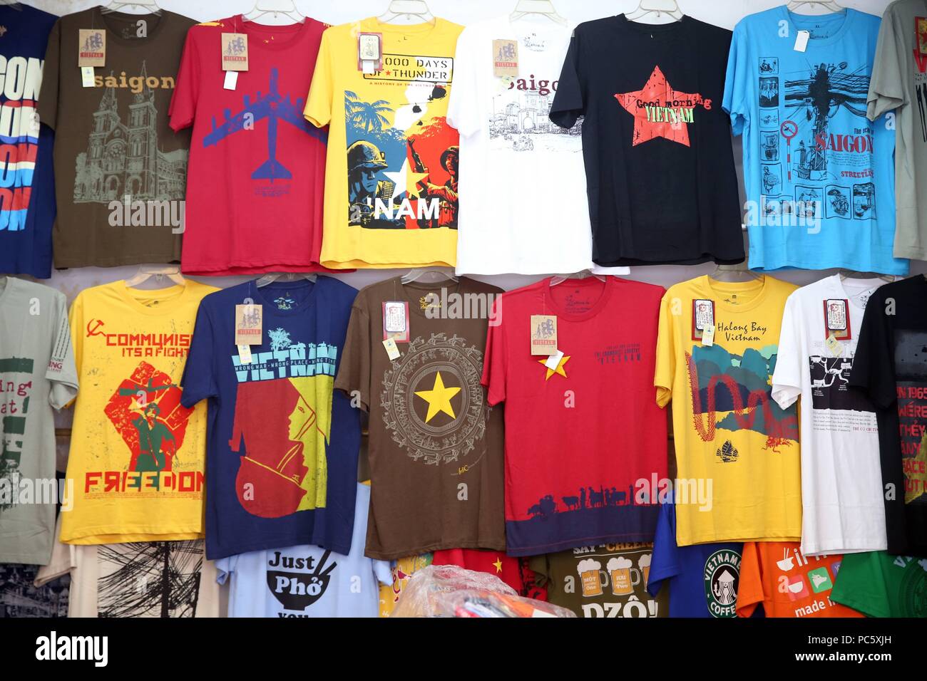 Textile shop. Vietnam t-shirts. Ho Chi 