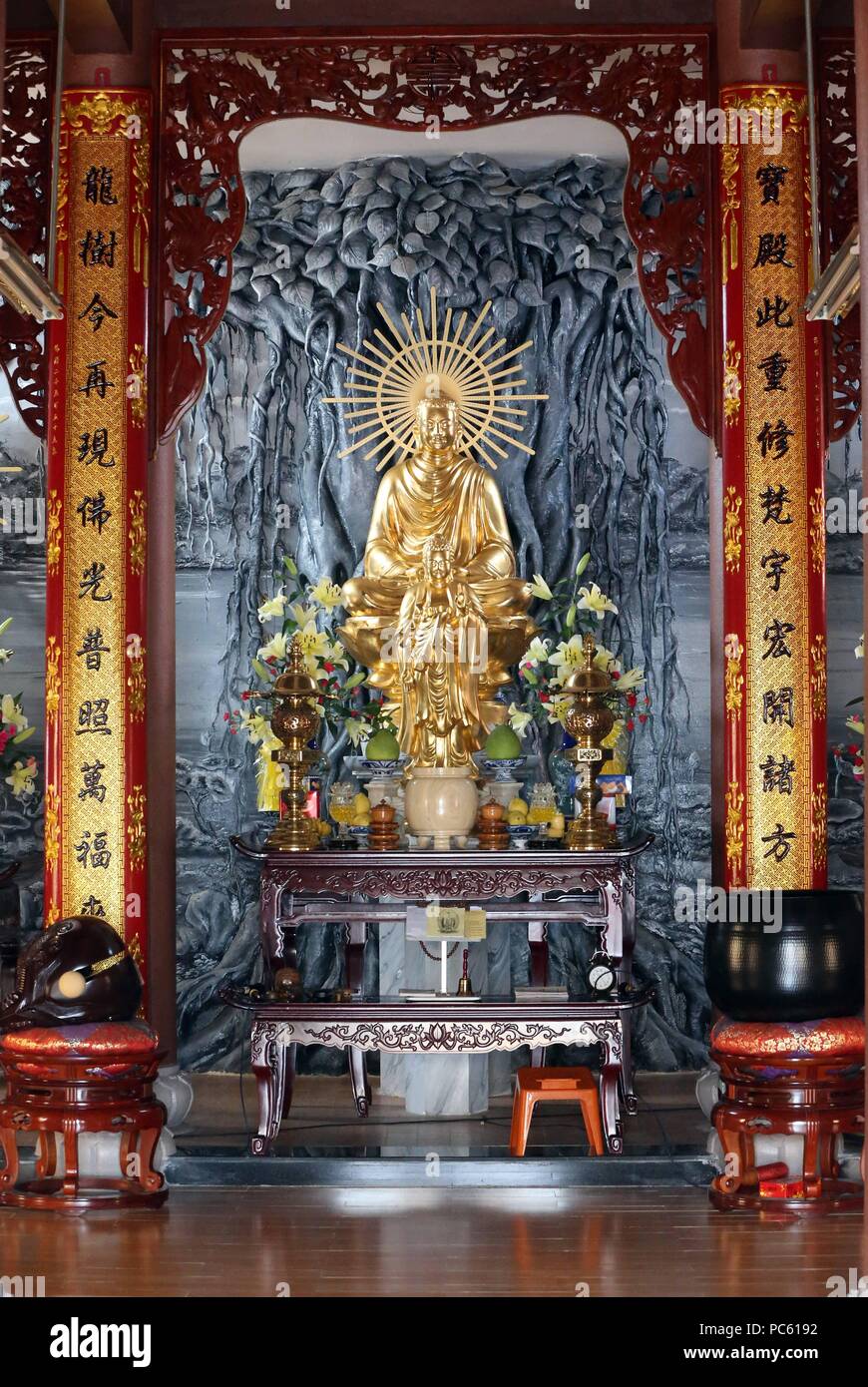 Quan The Am buddhist pagoda. Golden Buddha statue. Danang. Vietnam