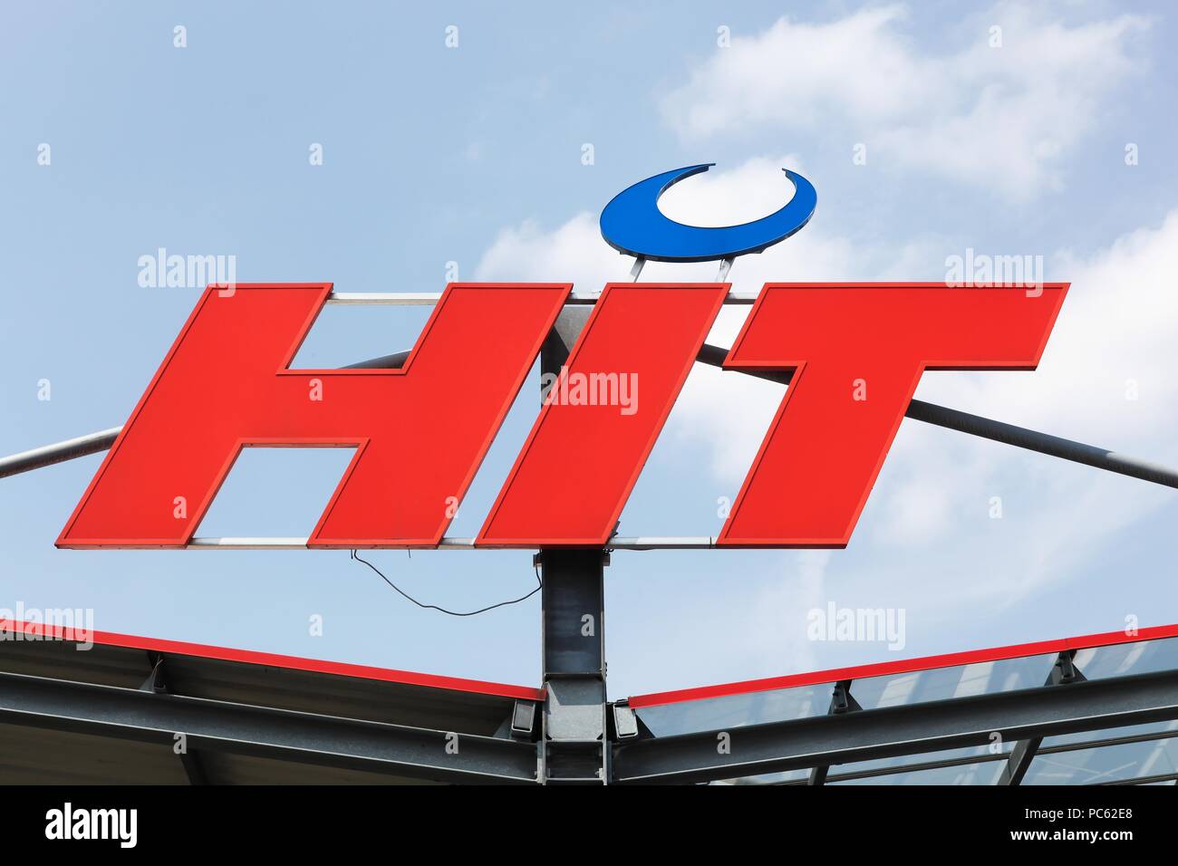 Munster, Germany July 22, 2018 Hit supermarket logo on a wall. Hit