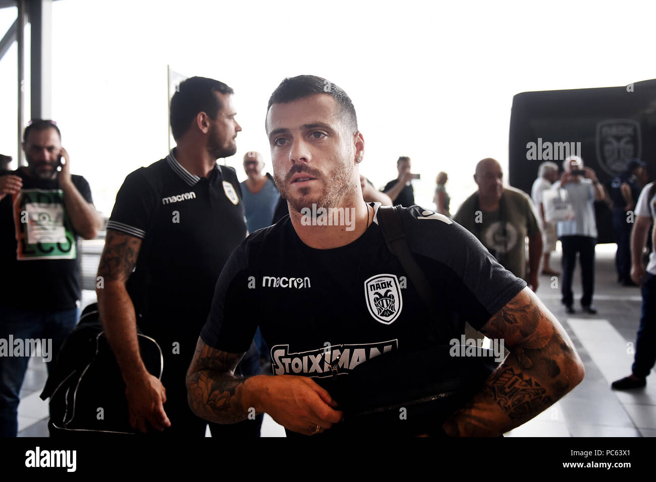 Thessaloniki, Greece. 31st July, 2018. PAOK FC player Vieirinha arrives at  Thessaloniki International Airport. PAOK FC football team departed from  Thessaloniki International Airport to Basel, in order to face FC Basel for