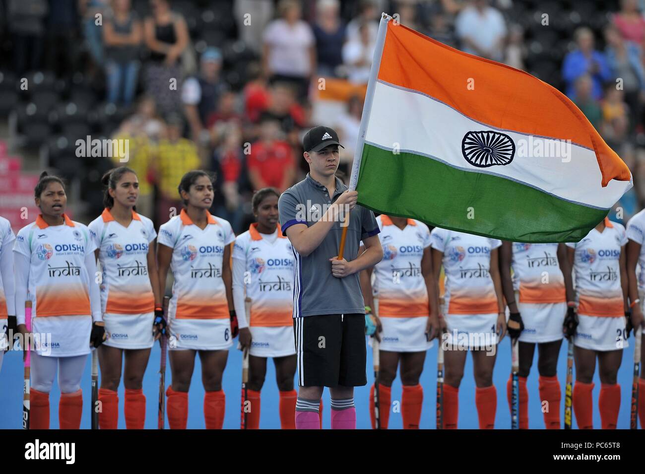 London, UK. 31st Jully 2018. The Indian team during the national anthem. Italy V India. Match 27. Crossover game. Womens Hockey World Cup 2018. Lee Valley hockey centre. Queen Elizabeth Olympic Park. Stratford. London. UK. 31/07/2018. Credit: Sport In Pictures/Alamy Live News Stock Photo