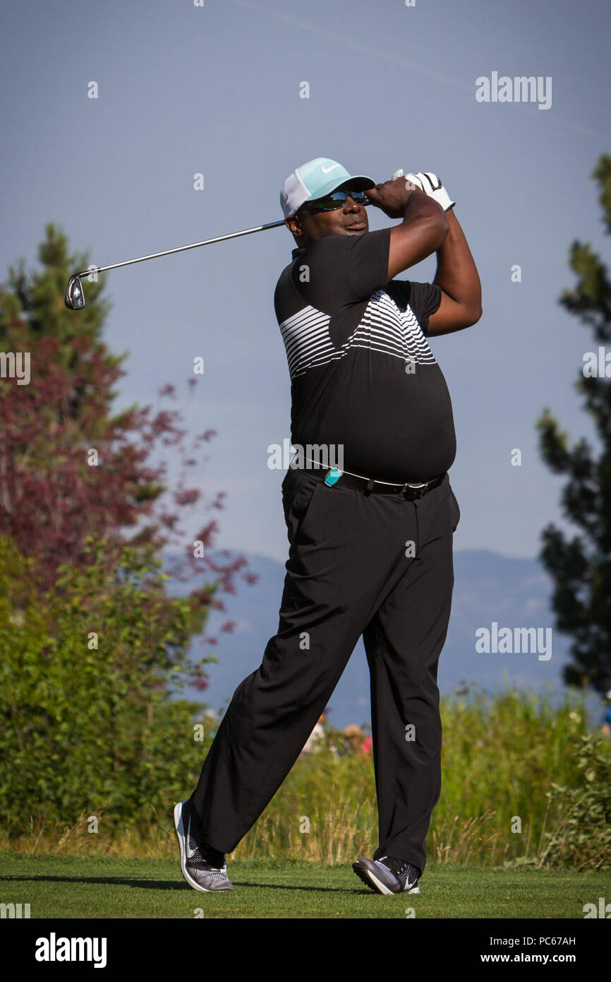 Stateline, Nevada, USA. 15th July, 2018. Sunday, July 15, 2018.Former NFL All-Pro wide receiver, STERLING SHARPE, tees off on the 10th hole during the 29th annual American Century Championship at the Edgewood Tahoe Golf Course at Lake Tahoe, Stateline, Nevada. Credit: Tracy Barbutes/ZUMA Wire/Alamy Live News Stock Photo
