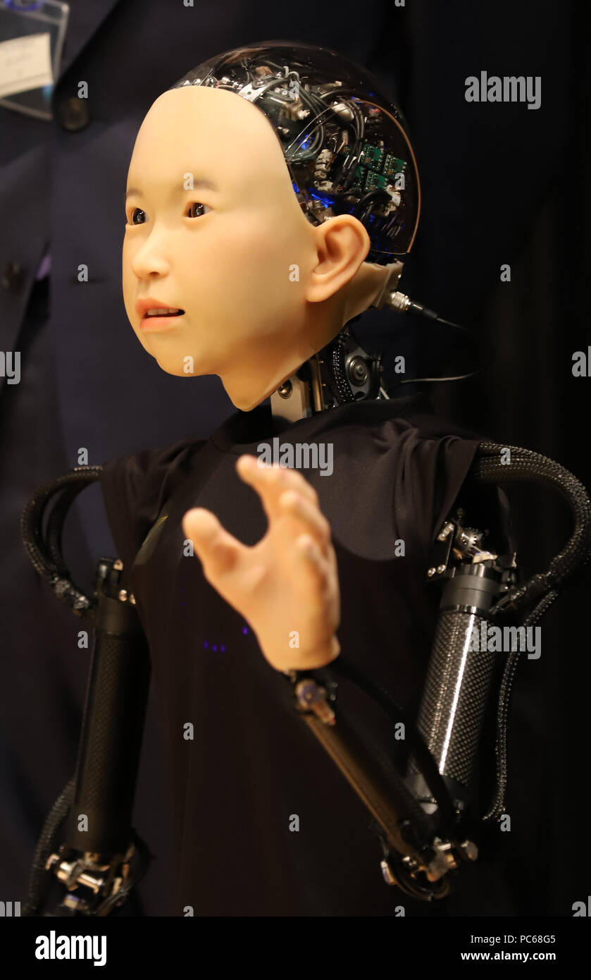 Tokyo, Japan. 31st July, 2018. A child humanoid robot "ibuki", developed by  Osaka University graduate school professor Hiroshi Ishiguro, is unveiled  for the press at the National Museum of Emerging Science and