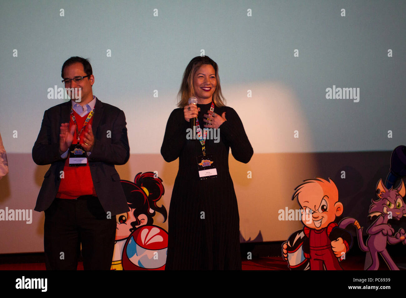 SÃO PAULO, SP - 31.07.2018: ANIMAÇÃO DO SENNINHA É LANÇADA EM SP - This event was held on Tuesday (31) the launch event of the new animated series of the character Senninha that will premiere on 08/08 on Gloobat&#39;s Globosat channel. The animation that is inspired by thtime Formulamula 1 champion Ayrton Senna is called &quot;Senninha na Pista Maluca&quot; (&quot;Snha naa na Pista Maluca&;), h ha epi episodes, es, each ach with 11 minutes, which will be shown daily at various times. Highlights include Luiz Coimbra, relations manager at Itaucard and Kátia Leaes, marketing coordinator at Beto C Stock Photo
