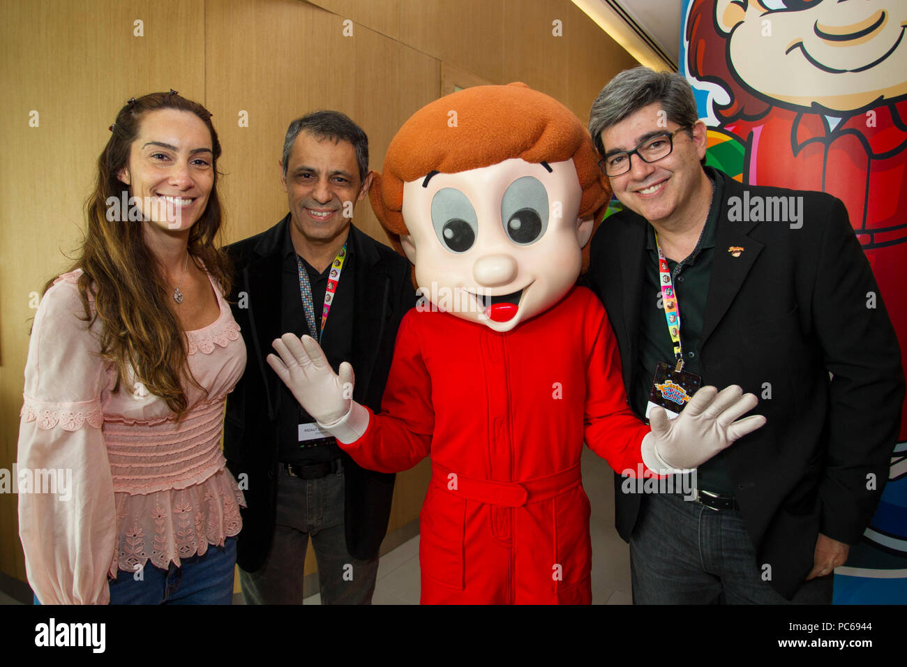 SÃO PAULO, SP - 31.07.2018: ANIMAÇÃO DO SENNINHA É LANÇADA EM SP - This event was held on Tuesday (31) the launch event of the new animated series of the character Senninha that will premiere on 08/08 on Gloobat&#39;s Glat cat channel. The animation that is inspired by three-time Formula 1 champion Ayrton Senna is ed &quotquot;Senninha na Pista Maluca&quot; (&amotquot;Senninha na Pista Maluca&quot;), which has 26 episodes, each with 11 tes, which will be shown dai daily at various times. In the stand ouanca Senna, na, Ridaut Dias Jr and Rogério Maryins. (Photo: Emerson Santos/Fotoarena) Stock Photo