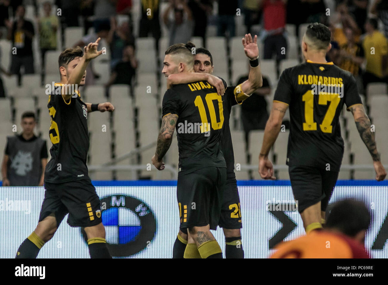 Athens, Greece. 31st July, 2018. AEK Athens' Marko Livaja (C) celebrates  with his teammates after scoring during the friendly soccer match between  AEK Athens and Galatasaray held at OAKA Spiros Louis Stadium