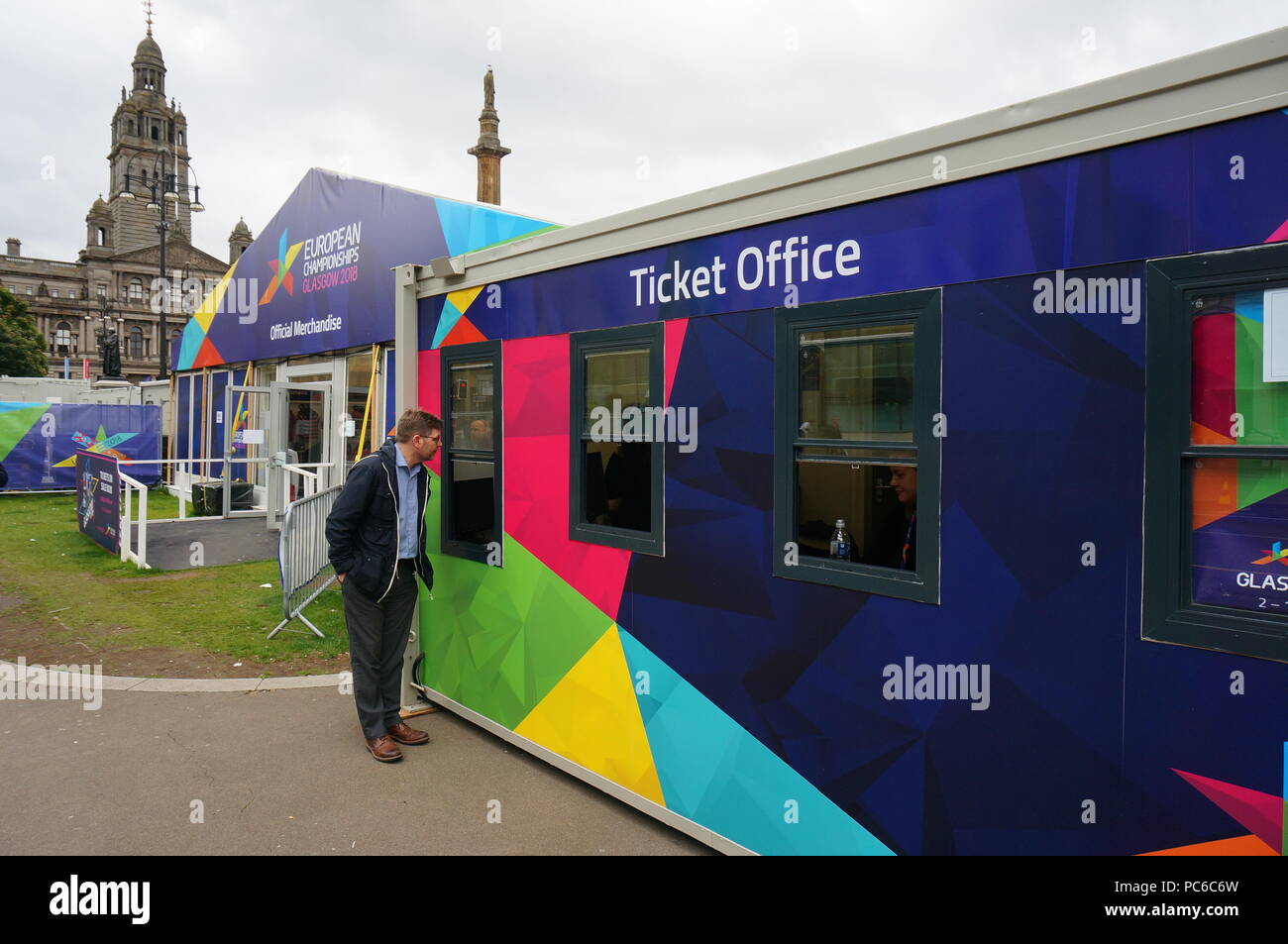 Glasgow, UK, 1st July 2018, Glasgow,UK: Preparations for European Championships opening ceremony which is to take place today at 17:00 on George Square. Credit: Pawel Pietraszewski / Alamy Live News Stock Photo