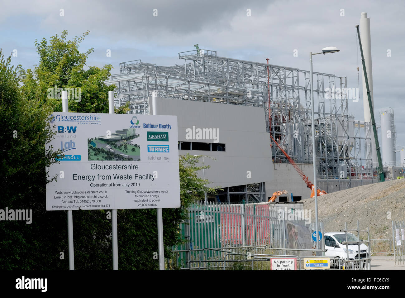 Javelin Park, Gloucestershire UK 1st August 2018.  UK Enviroment.  Work continues on the new Gloucestershire Energy From Waste facility just off the M5 motorway junction 12 between Stonehouse and Qudgeley.  The Energy From Waste plant (EFW) has been dubbed 'Cape Canaveral' by locals. Credit: Gavin Crilly/Alamy Live News Stock Photo