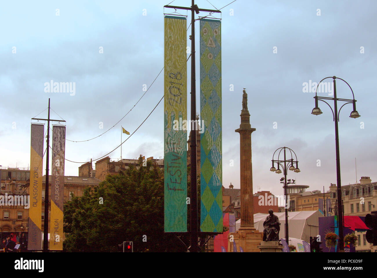 Glasgow, Scotland, UK 1st August.European championships begin in the city and Berlin  simultaneously as the city banners up for the sporting celebration in the  George square city centre. Gerard Ferry/Alamy news Stock Photo