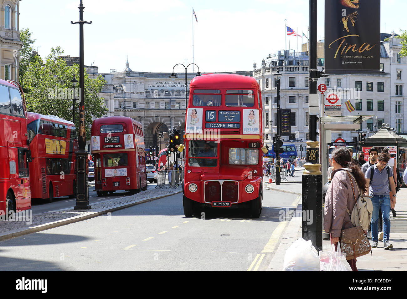 London Buses Routemaster Heritage Route 15, Central London, UK, 01 August 2018, London Buses Routemaster Heritage Route 15 runs between Trafalgar Square and Tower Hill using 1960's AEC Routemasters. It is the last and only regular London bus route using the original Routemaster bus. Credit: Rich Gold/Alamy Live News Stock Photo