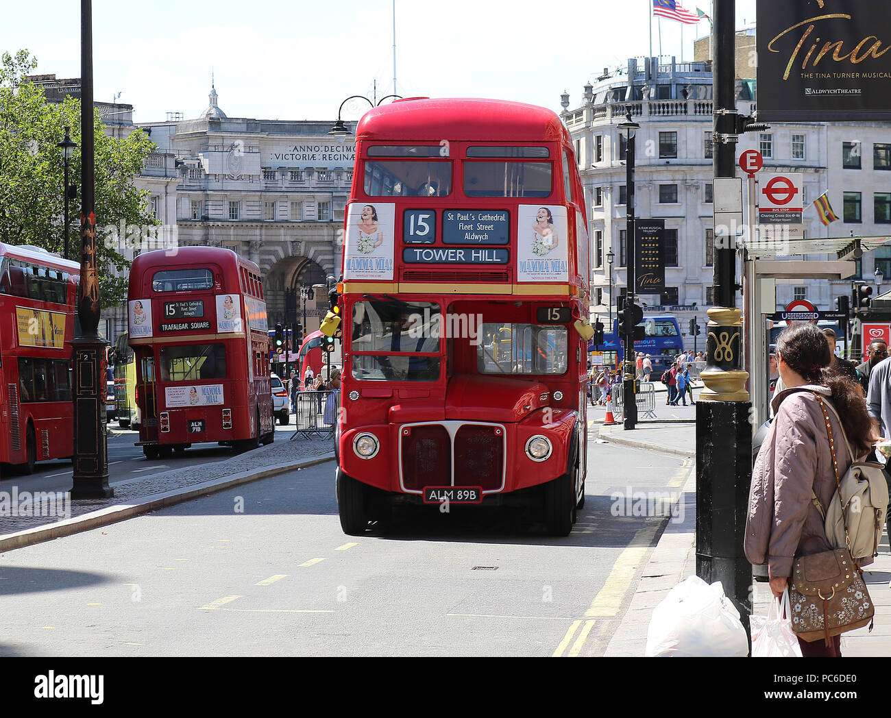 London Buses Routemaster Heritage Route 15, Central London, UK, 01 August 2018, London Buses Routemaster Heritage Route 15 runs between Trafalgar Square and Tower Hill using 1960's AEC Routemasters. It is the last and only regular London bus route using the original Routemaster bus. Credit: Rich Gold/Alamy Live News Stock Photo