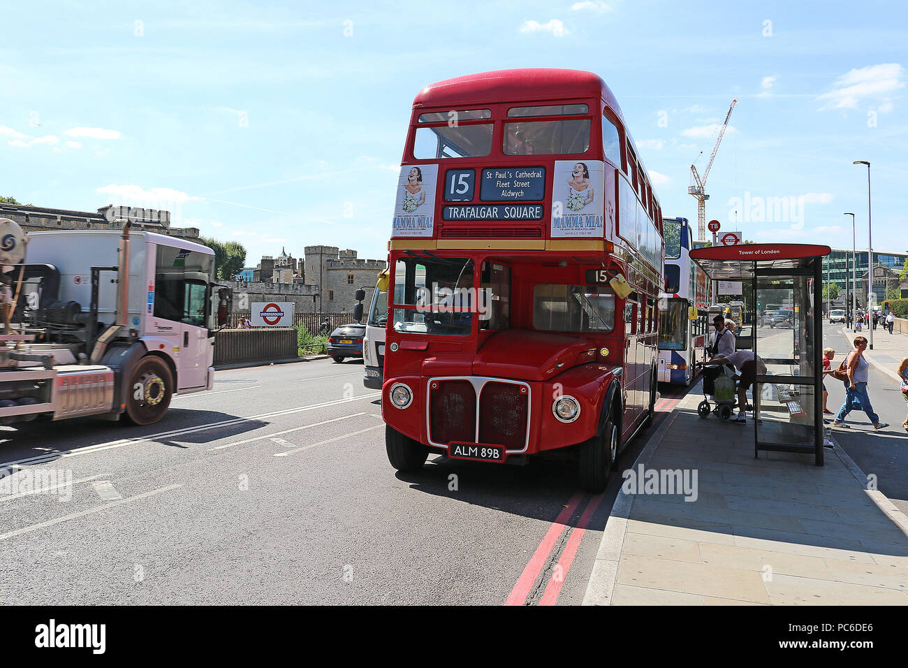 London Buses Routemaster Heritage Route 15, Central London, UK, 01 August 2018, London Buses Routemaster Heritage Route 15 runs between Trafalgar Square and Tower Hill using 1960's AEC Routemasters. It is the last and only regular London bus route using the original Routemaster bus. Credit: Rich Gold/Alamy Live News Stock Photo