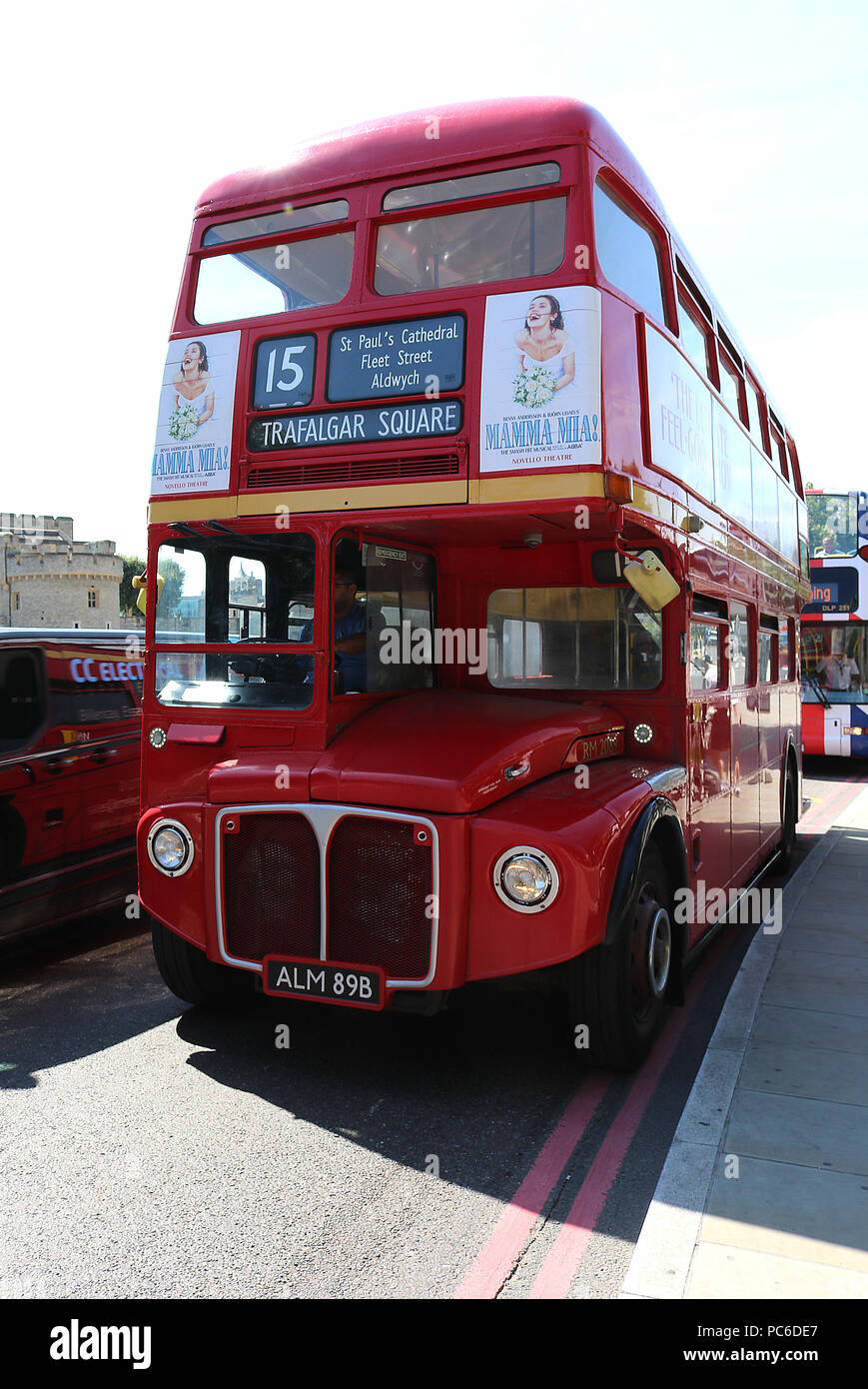 London Buses Routemaster Heritage Route 15, Central London, UK, 01 August 2018, London Buses Routemaster Heritage Route 15 runs between Trafalgar Square and Tower Hill using 1960's AEC Routemasters. It is the last and only regular London bus route using the original Routemaster bus. Credit: Rich Gold/Alamy Live News Stock Photo