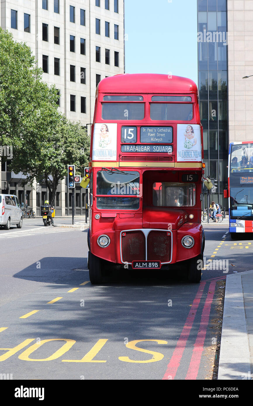 London Buses Routemaster Heritage Route 15, Central London, UK, 01 August 2018, London Buses Routemaster Heritage Route 15 runs between Trafalgar Square and Tower Hill using 1960's AEC Routemasters. It is the last and only regular London bus route using the original Routemaster bus. Credit: Rich Gold/Alamy Live News Stock Photo