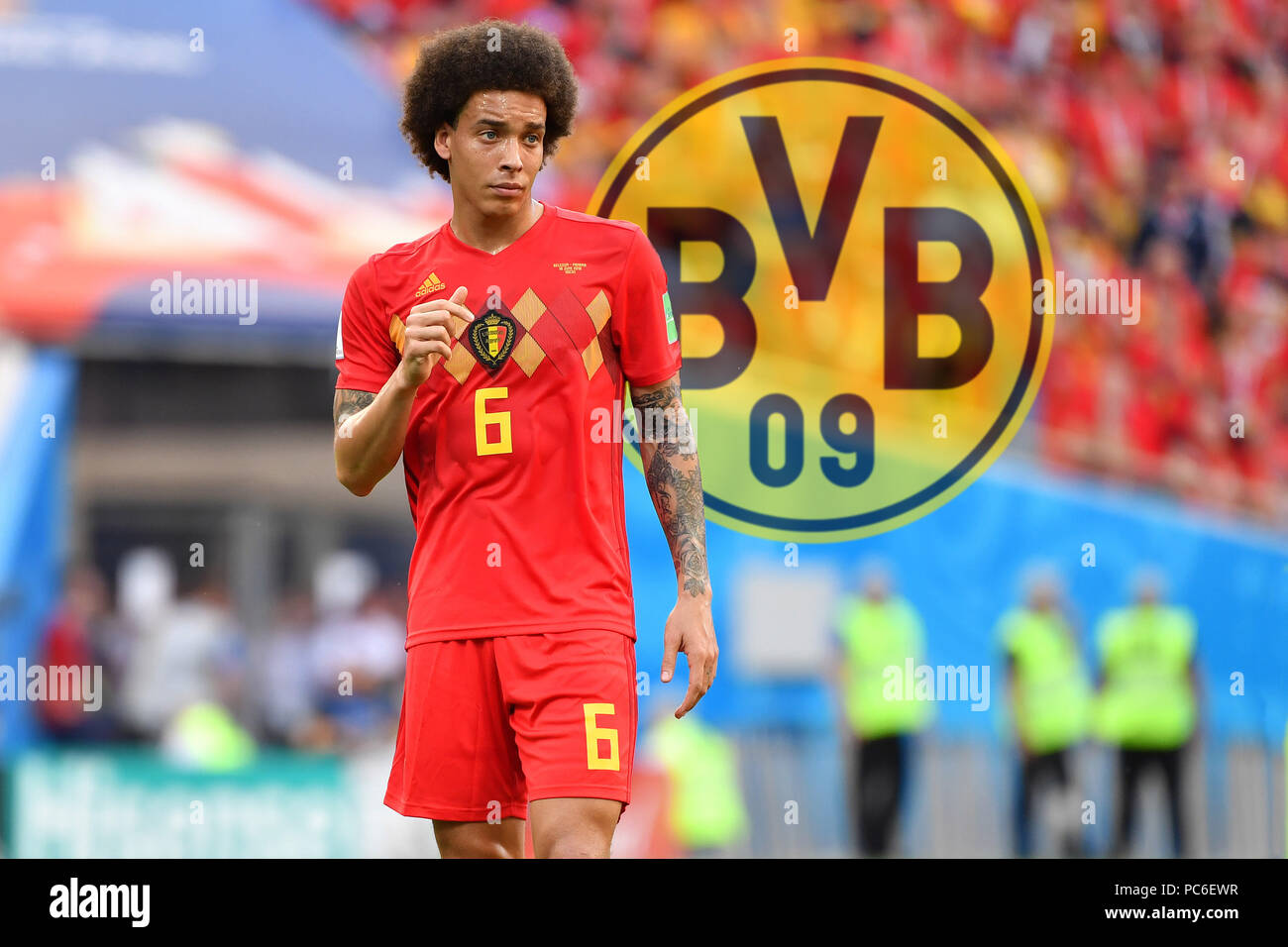 PHOTOMONTAGE. The commitment of Axel Witsel is still in the balance. Announcements, after which the Belgian national player already today, Monday, for medical check up in Dortmund, were apparently frozen. BVB continues to fight for the center. The alleged exit clause could be the sticking point. No.1 archive photo: Axel WITSEL (BEL), skeptical, gesture, action, single image, single cut motive, half figure, half figure. Belgium (BEL) - Panama (PAN) 3-0, Preliminary Round, Group G, Game 13, on 18.06.2018 in SOCHI, Fisht Olymipic Stadium. Football World Cup 2018 in Russia from 14.06. - 15.07.2018 Stock Photo