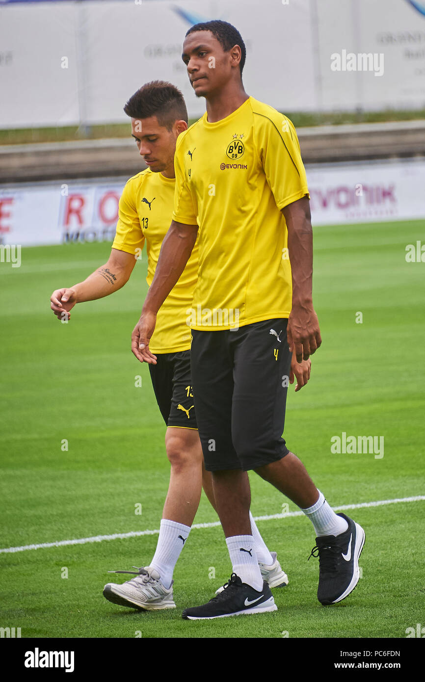 Bad Ragaz, Switzerland. 1st August 2018. Abdou Diallo and Raphaël Guerreiro during a training session of Borussia Dortmund's first team at the sports facility Ri-Au in Bad Ragaz. The Borussen stay in Bad Ragaz for a week to prepare for the 2018/2019 Bundesliga Season. Stock Photo