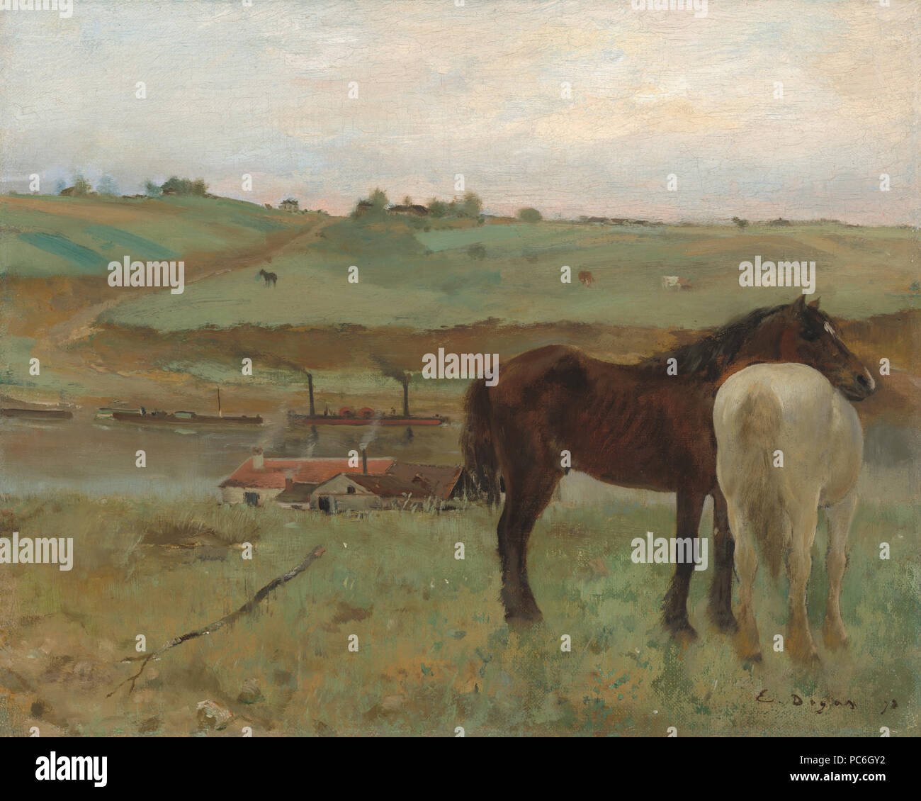 Painting; oil on canvas; overall: 31.8 x 40 cm (12 1/2 x 15 3/4 in.) framed: 47 x 54.9 x 5.1 cm (18 1/2 x 21 5/8 x 2 in.); 44 Horses in a Meadow Stock Photo