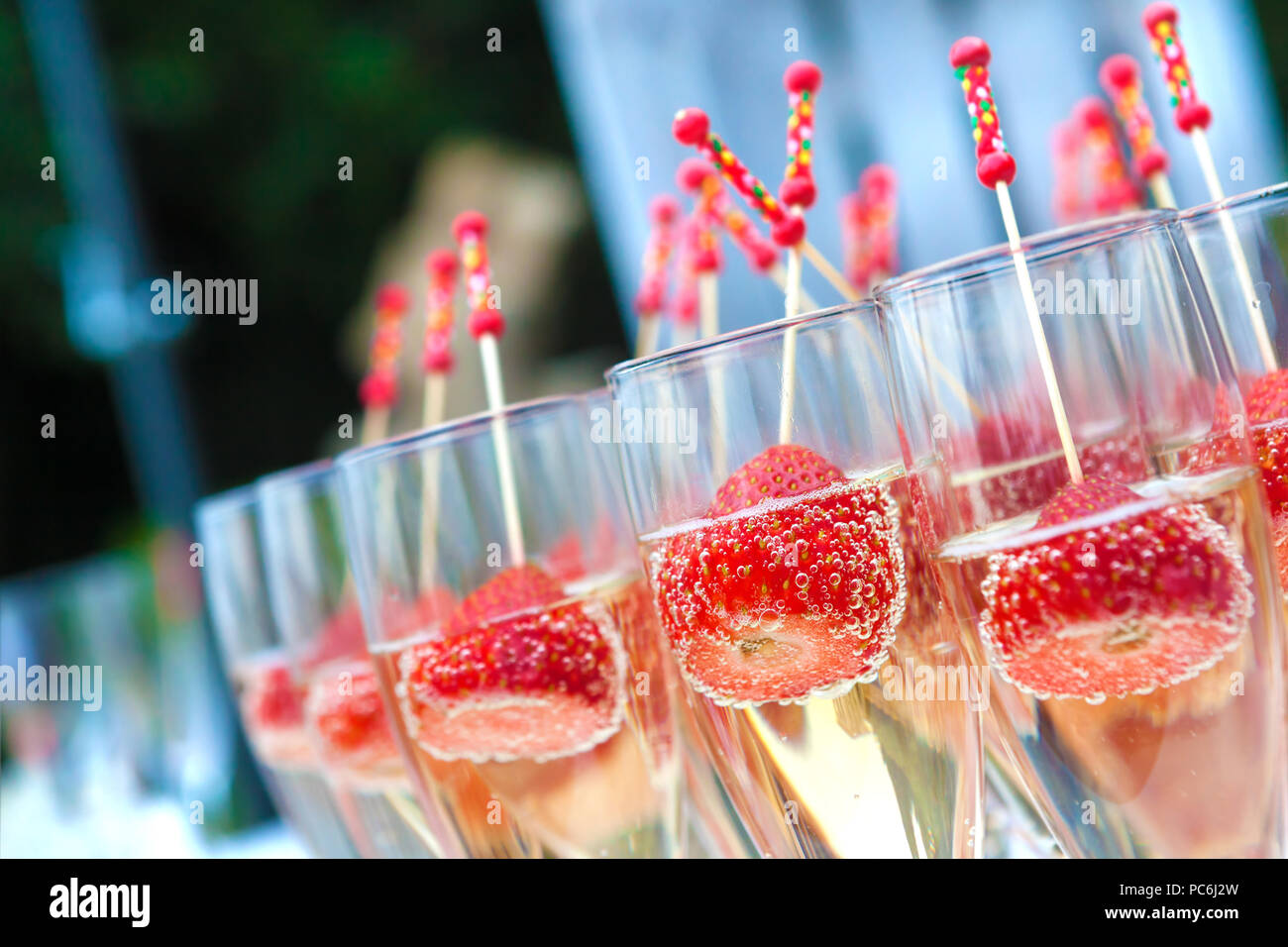 Food and catering.Wedding celebration and banquet.Strawberries and cava cup Stock Photo