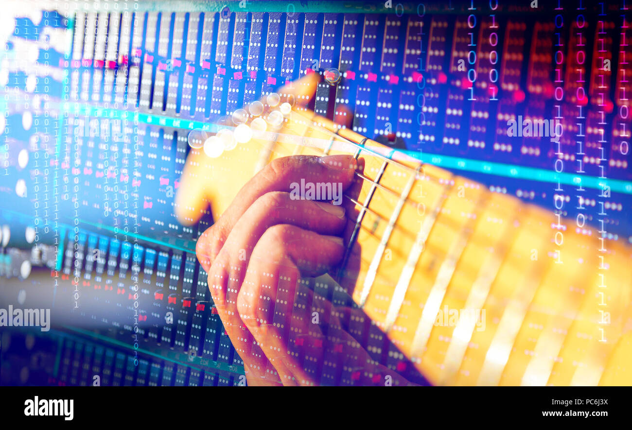 Close-up of guitar player and mixer.Sound engineering and music production.musical instrument and music.recording of guitars Stock Photo