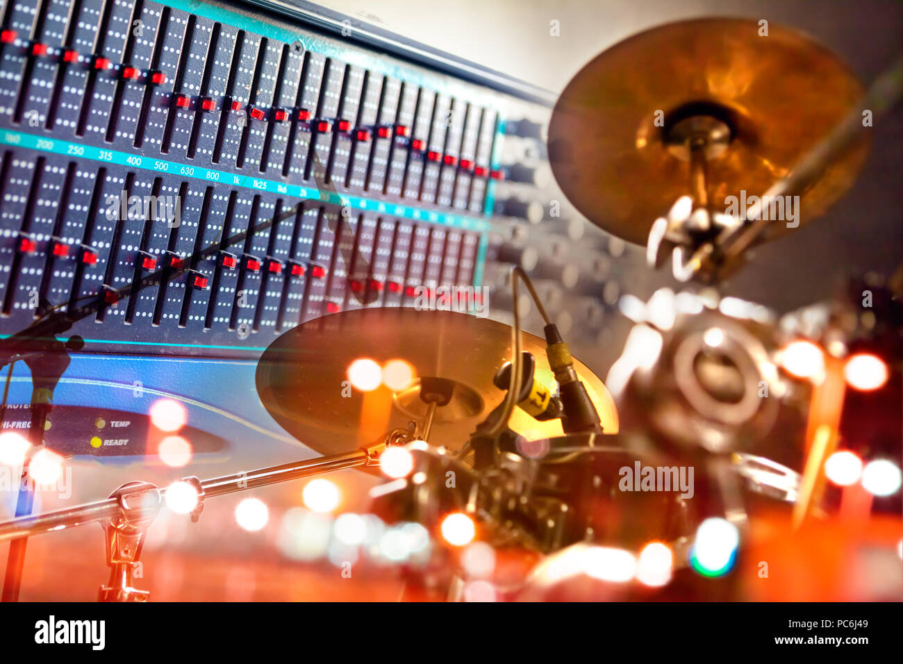 Close-up of drum player and mixer.Sound engineering and music production.musical instrument and music.recording of drums Stock Photo