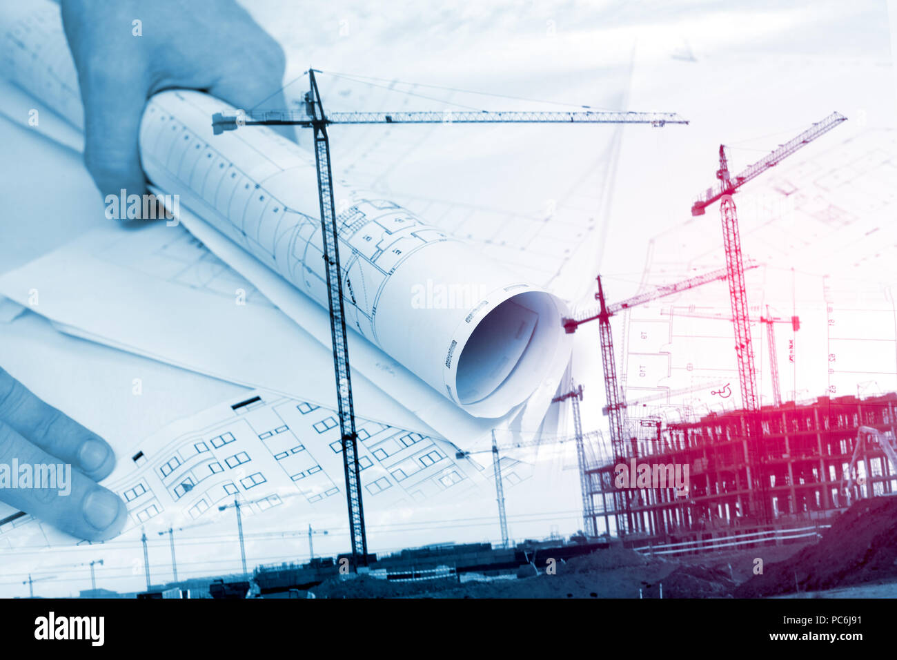 Architect and blueprint concept. Engineering and architecture design