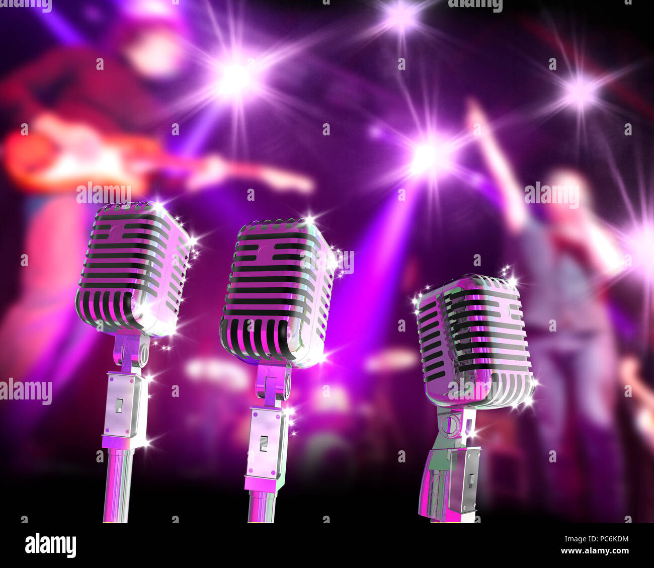 Festive design background.Entertainment and leisure concept.Music band on stage and vintage microphone.Live music and festival. Stock Photo