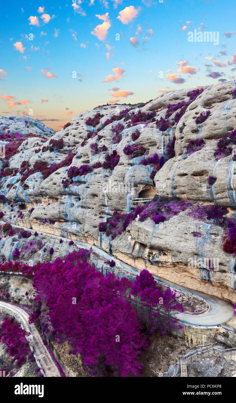 Surreal landscape.Scenic forest and mountains.Natural scenery scene in purple tone Stock Photo