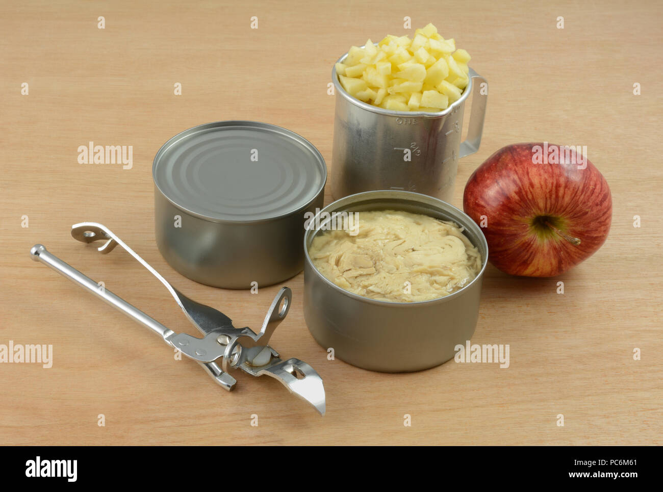 Cans of albacore tuna fish, retro can opener, red delicious apple and
