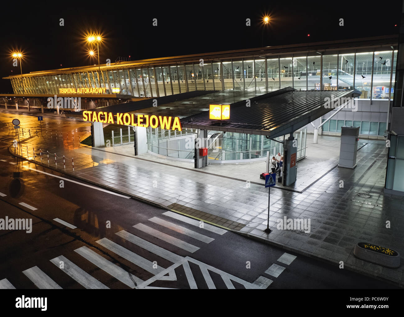 Warsaw, Poland - July 19, 2018: Train station at the Chopin International Airport in Warsaw, Poland. Polish sign - Train Station. Stock Photo